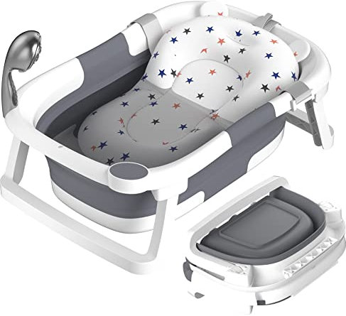 Rabb 1st Bañera Plegable Bebé, Imprescindible para Bebe, Recién Nacido a Niño Pequeño, Bañera de Viaje Portátil con Alfombrilla Antideslizante y Orificio de Drenaje (Sin Termómetro)(Gris)