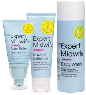 My Expert Midwife Baby Mega Mild Skincare Essentials Kit | Newborn Sensitive Skincare Set, Cleansing Baby Body Wash, Dribble Defence and Nappy Rash Bum Balm, Fragrance Free, UK Made