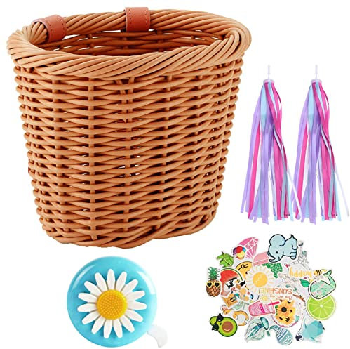 Fahrradkorb für Kinder, 14 Zoll 16 Zoll Kinderfahrradkorb Vorne Geflochten mit Verstellbaren Lederriemen, mit/ohne Fahrradklingel Luftschlangen Aufkleber, Abnehmbar Fahrrad Zubehör für Junge Mädchen