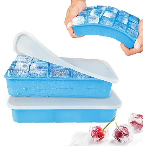 Eiswürfelform Silikon Eiswürfelbehälter mit Deckel 15-Fach 3cm Quadratische Eiswürfel Ice Cube Tray für Whisky, Cocktails Himmelblau, 2 Stück