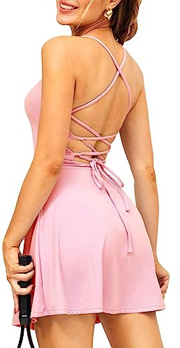Navneet Tenniskleid Damen Golfkleid Active Dress Kleid mit Hose drunter Rückenfrei A Linie Mini Kleid Gepolstert Tennis Outfit Kostüm Sommerkleid Pink S