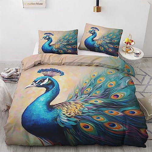 GEDAEUBA Pfau Bettwäsche 135x200 Sommer - Pfauenfeder Bettbezug 135 x 200 2er Set, Wendebettwäsche und Kissenbezug 80x80, Weiche & Atmungsaktive Mikrofaser Bettwäsche-Sets mit Reißverschluss