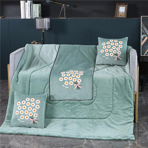 Hixingo Reisedecke und Kissen 2 in 1, Reisedecke mit Kissen Set Multifunktionale Reise Decke und Kissen 2 in 1 Weichem Flugzeug Verwandlungskissen (40 * 40cm,Gänseblümchen-Grün)