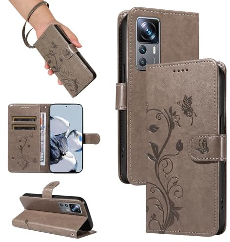 SRISHP Hülle für Xiaomi 12T Pro/Xiaomi 12T Hülle, Premium PU Leder Handyhülle mit Band, Magnet Flip Case für Xiaomi 12T Pro/Xiaomi 12T, Grau