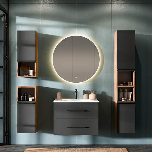 Planetmöbel LUX Badmöbel Set Waschtisch mit Waschbecken 70 cm, Spiegel mit Beleuchtung rund 80 cm (Touch-Funktion), Hochschrank 165 cm + 2X Midischrank 75 cm, Gold Eiche/Anthrazit