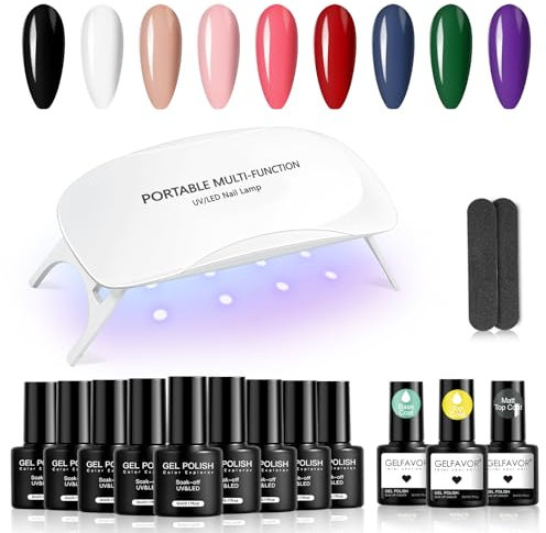 GELFAVOR Kit Vernis Semi Permanent avec UV LED Lampe 14PCS 9 Couleurs Noir Blanc Rouge Vert Violet Vernis Gel Manucure Démarrage Kit