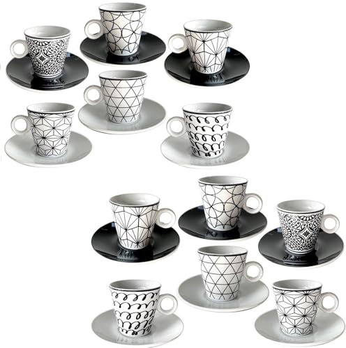 PALUPLUS Set 12 Tazzine Caffè con Piattino in Porcellana da 80 ml, Tazze da Espresso con manico, Lavabili in Lavastoviglie, adatte per Microonde, FANTASIA GRAPHIC -271