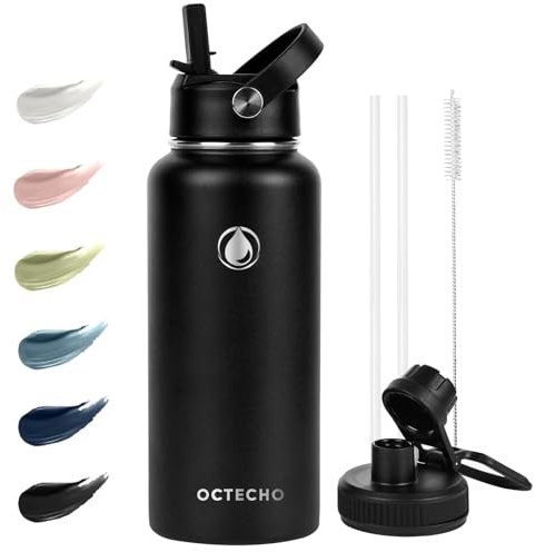 OcTecho Metal Water Bottle with Straw, 950ml Stainless Steel Water Bottle 2 Leakproof Lids, BPA Free Double Walled Vacuum Insulated Water Bottles Thermal for 12h Hot & 24h Cold,for Man,Woman-Black