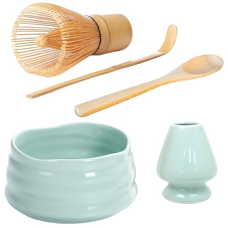 5 Pièces Service à Thé Matcha Set, Kit Matcha Fait à La Main, Disponible avec Bol à Matcha, Fouet à Matcha, Support de Fouet à Matcha, Louche, Cuillère à Café, Service À Thé Japonais (Vert Cyan)