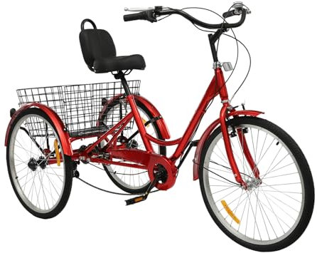 Taozhiyy 24 Zoll Dreirad Erwachsene, 3 Rad Fahrrad, 7 Speed 3 Räder Cruise Bike mit Korb Rückenlehne, Trike Tricycle Abschließbar, Scheibenbremse, Belastung 120kg (Rot)