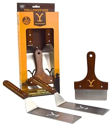 Y Yellowstone Grillset – 3-teiliges Werkzeugset, Grillzubehör-Set enthält 2 Spatel/Wender und 1 Schaber | Ideales Grillzubehör | Authentisches Yellowstone Merchandise