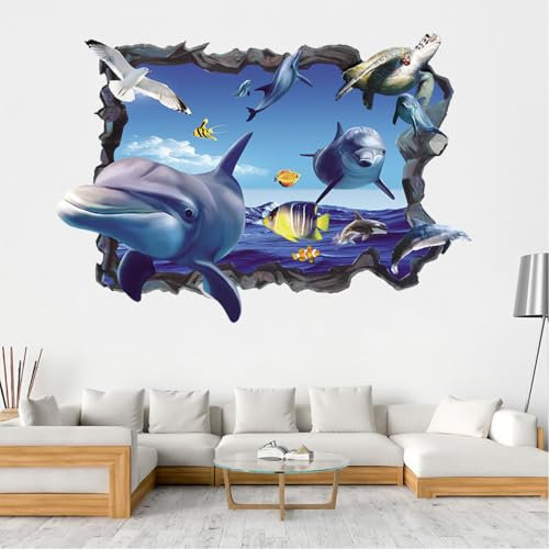 SanKristo 3D Ventana Falsa Vinilos de Pared del Océano, Autoadhesivo Océano Mundo Delfín Pez Tortuga Alga Marina Roto Pegatinas De Pared, para Niños Dormitorio Sala de Estar Cuarto Baño Decorativos