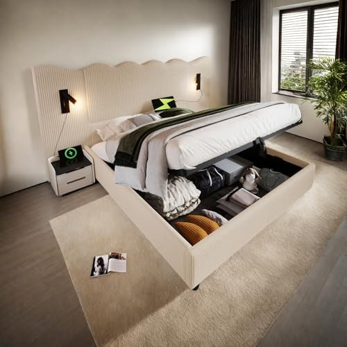 Autheria Bett 160×200 mit LED und USB, Polsterbett 160×200 cm, Doppelbett mit Lattenrost Massivholz und Metall, Stauraumbett Jugendbett Bettgestell Cordstoff BeigeWeiß