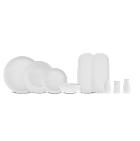 Karaca Streamline Favaro Service de Table Geschirr Set, 53 Tlg, Geschirrset 12 Personen aus Bone China mit Tellern, Schalen, rechteckigen Servierplatten, Salz- und Pfefferstreuer, Platin Teller Set