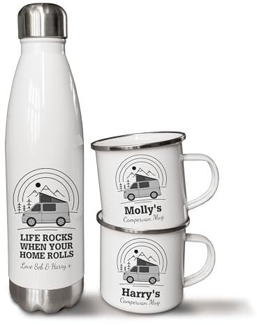 Personalised 500ml Thermal Flask and Enamel Mugs. Campervan PopTop Mug and Flask Set. Outdoor Adventure Gifts