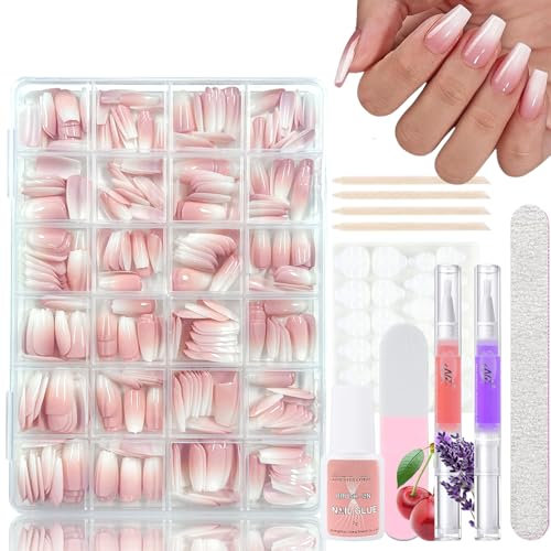 360 Stück Gradient Ballerina Press on Nails Set, Rosa Weißem Farbverlauf Künstliche Nägel Zum Aufkleben mit 2 Pcs Nagelöl Stift, Mittel Ombre Fake Nägel für Frauen DIY