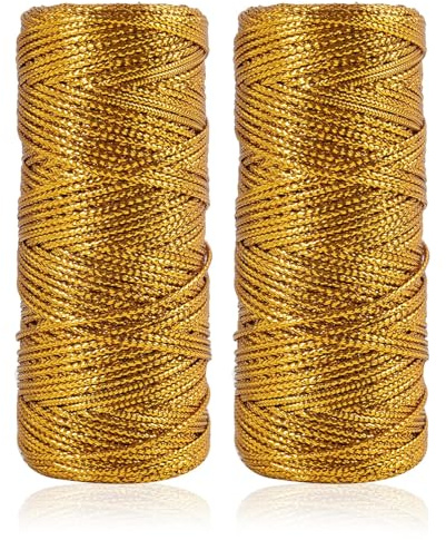2 Piezas Cordón Dorado 100 M x 1,5 MM, Cuerda Decorativa Brillante para Navidad, Manualidades, Envoltura de Regalos, DIY y Decoraciones, Hilo Dorado Flexible para y Proyectos Creativos