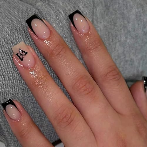 Black French Tip Press On Nails - 24Pcs Short Square False Nails - Nude Base with Black French Tips & Butterfly Designs - Full Cover Nail Tips Acrylic Press on Nail - Fake Nails with Glue