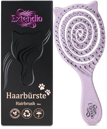 Mini Haarbürste ohne Ziepen für feines Haar, Extendio® Spiralbürste mit Katzenohren, leicht & kompakt für Kinder, Reise, Sport & Alltag (Lila)