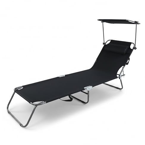 Baroni Home Sedia a Sdraio Pieghevole Reclinabile con Parasole Regolabile 360° e Cuscino Removibile, Lettino Prendisole in Metallo con Tessuto Idrorepellente, Portata 110 Kg, 186x55x24 cm Nero