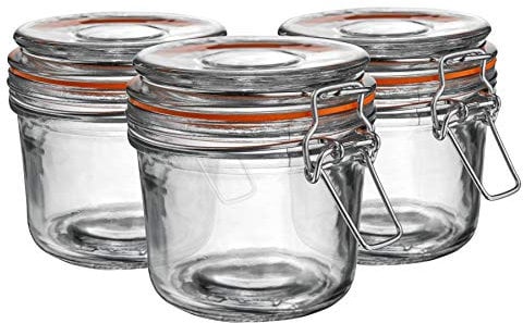 Argon Tableware Glass Jars with Airtight Metal Clip Lid - 350ml/12.3oz - 6 Pack - 4 Colour Seals - Medium Kitchen Storage Container Round Preserving Jar for Pickling, Chutney, Jam, Coffee