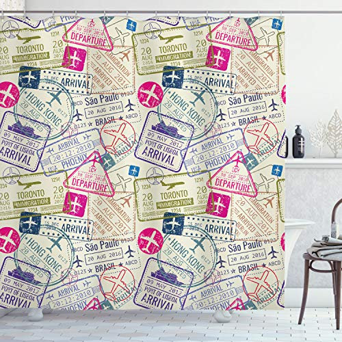 ABAKUHAUS Flugzeug Duschvorhang, Reisepass Briefmarken Städte, mit 12 Ringe Set Stielvoll Modern, 175x200 cm, Eischale und Rosa