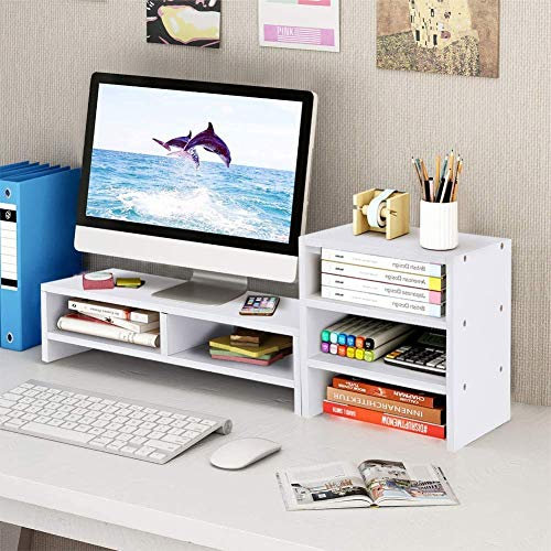 GOTOTOP Computer-/Laptop-Monitor-Ständer, Schreibtisch-Organizer aus Holz, mit 3-lagigem Ablagefach, Laptop-TV-Ständer, Schreibtisch-Aufbewahrung, Organizer, Sitz-Monitorerhöhungen (weiß)