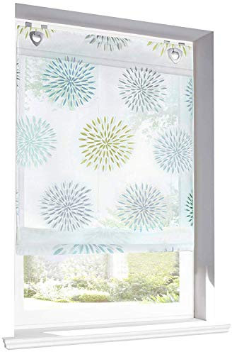 1 Stück Raffrollo mit Kreis-Motiven Floral Design Raffgardine Voile Transparent Vorhang (BxH 120x140cm, Grün mit U-Haken)