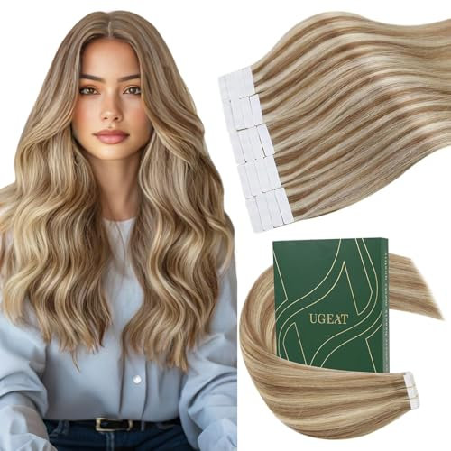 Ugeat Extensiones Adhesivas Pelo Natural Mechas Castaño Rubio 40cm 20pz Extensiones de Cabello Natural Adhesivas Castaño Claro con Platino Remy Liso Invisible 50G
