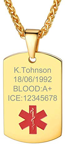 PROSTEEL Herren Halskette 60cm Kette + Medical Alert ID Dog Tag 18k vergoldet personalisiert SOS Notfall Name Texte Gravur Erkennungsmarke Schmuck Geburtstag für Männer Jungen(Gold)