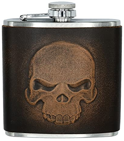 Flasque en acier inoxydable avec motif tête de mort - 150 g - En cuir véritable - Fait à la main - Style antique - Pour moto - Couleur : marron