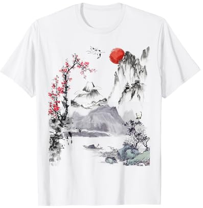 Japanese Art Tree Red Moon With Birds Flying in Background T-Shirt