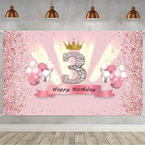 3. Geburtstag Banner 3 Geburtstag Deko Rosegold Party Dekoration Mädchen, Stoff Schild Poster 3. Jahrestag Party Krone Geburtstagsbanner Tischschmuck Plakat, Glitzern Rosa