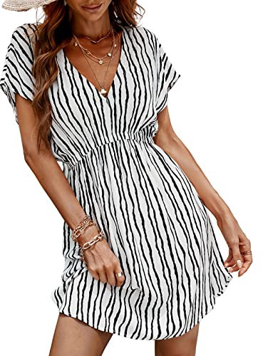 CUPSHE Women's Plunge V Neck Elastic Waisted Cover Up Set Split Short Sleeve Pull Over Mid Length Skirt Black & White XL