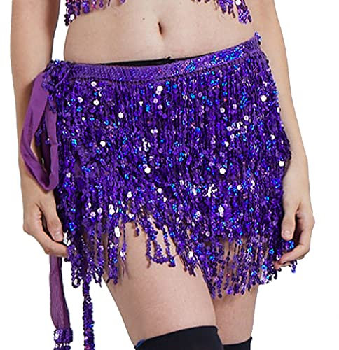 JK Home Gonna da donna con paillettes con paillettes e glitter per danza del ventre, sciarpa all'anca avvolgente per feste, bohémien, con frangia e rave, Viola, Taglia unica