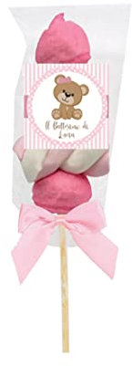 Spiedini di Marshmallow con tag personalizzabili kit fai da te grafica a scelta per caramellata regalini fine festa compleanno comunione nozze (Battesimo Orsetta Rosa)