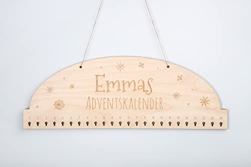 Adventskalender 'Schneeflocke' aus Holz mit Wunschnamen personalisiert, Gravur, wiederverwendbar, Maße 50x18cm