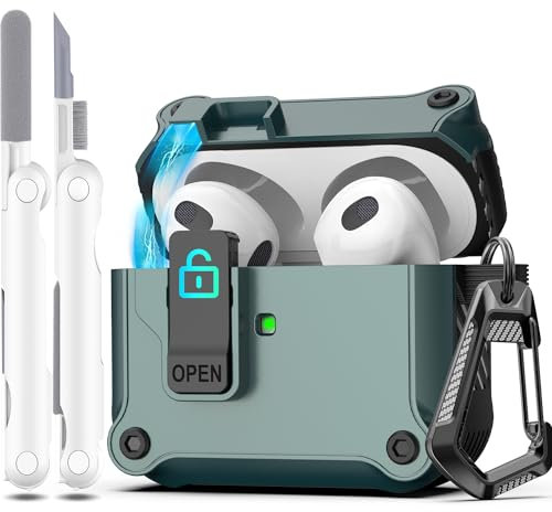 R-fun Compatible con AirPods 3ª Generación 2021 Funda de Carga, Protección Total contra caídas Auto Pop-Up Tapa Compatible con Apple Airpods 3 Gen Funda con Kit de Limpieza y Llavero,Verde Pino