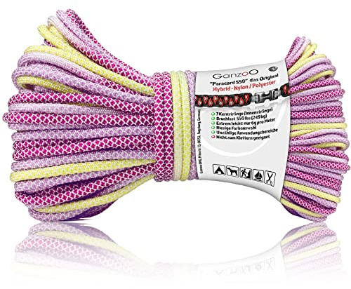 Ganzoo Paracord 550 Seil 4 mm 30 m, Lila-Gelb Diamond, Typ 3 mit 7 Kernsträngen, Nylon/Polyester, vielseitige Outdoor-Schnur für Camping, Zelt abspannen, Basteln, Hundeleine, Halsband
