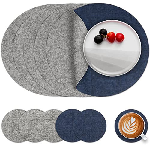 Myir JUN Tischsets Abwaschbar Leder und Untersetzer, Doppelseitigen Platzset Rund Ø 36cm 6er Set rutschfest Glasuntersetzer Platzdeckchen Leder Kunstleder Tischset (Grau Blau, 6er Set)