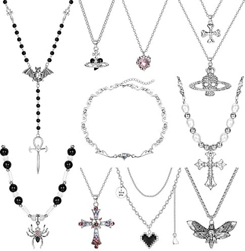 Kakonia 10-12 Stück Gothic Halskette Ohrringe Damen Herren Kreuz Y2k Vintage Ohrringe Halskette Hängend Dangling Chain Layer Ohrringe Grunge Punk Schmuck