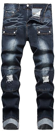 Herren Slim Fit Stretch Jeans Zerrissene Skinny Jeans für Männer, Mode Straight Leg Comfort Flex Waist Cargo Denim Pants, B#dunkelblau, 58