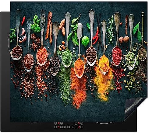 KitchenYeah© Copertura Tappetino Piano Induzione 60x52 cm Cucina Coprifornelli Protezione per Piano Induzione Erbe - Spezie - Cucchiai