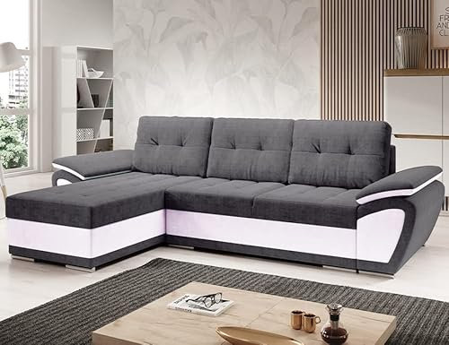 Easy4You ENZO Grau/Weiß Ecksofa L-Form Links 268 x 97 x 157 cm mit Schlaffunktion und Stauraum - Schlafsofa mit Bettkasten - Moderne Wohnzimmermöbel – Stoff: SORO 93 + Soft 17