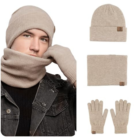 MARUKO Mütze Schal Handschuhe Set Herren Winter Warm Beanie Mütze Schal und Touchscreen Handschuhe Set mit Fleece Gefüttert Strickmütze Winterhandschuhe Schlauchschal Set (Khaki)