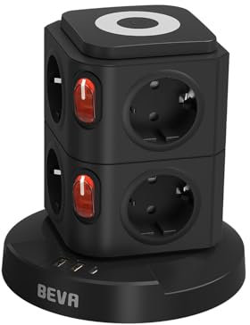 8 Fach Mehrfachsteckdose mit USB-C und Licht + 2 m Kabel, BEVA 2500W/10A LED Steckdosenturm Steckdose mit 2 Einzeln Schalter + 2 USB A+ 1 USB-C, Mehrfachstecker überspannungsschutz für Büro, Schwarz