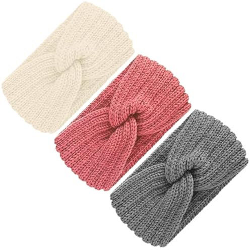 Stirnband Damen Winter Strick, Stirnband Kinder Mädchen, 3 Pcs Stirnbänder Strick, Haarband Ohrenwärmer Elastische, Herbst Und Winter Vielseitig Stirnband Damen (Beige + Grau + Rosa)