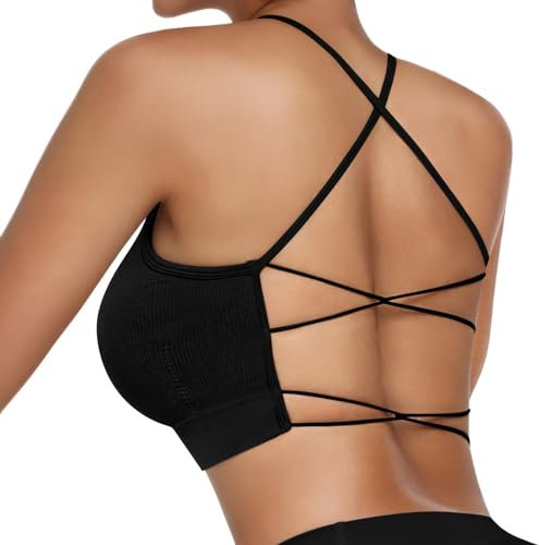 Vertvie Damen Sport BH Gepolstert Crossback Yoga Sports Bra Spaghettiträger Rücken Verkreuzt Gerippt Bustier Ohne Bügel Atmungsaktiv BH mit Abnehmbaren Cups(1pc: Schwarz,XL)