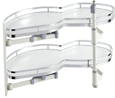 HOUSN Eckregal für Küchenschrank, 2 Ebenen, ausziehbar, Karussell, weiß, für 900 mm oder 1000 mm Eckunterschränke (rechts offen),Silber