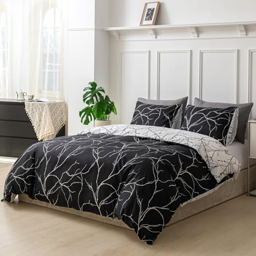 Tokokimo Housse de Couette 220x240 avec 2 Taies d'oreiller 65x65 cm - Motif de Branche Réversible - Parure de lit 220x240 Adulte - 100% Microfibre Parure Couette avec Fermetures éclair, Noir Blanc